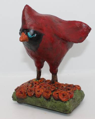 Mr Cardinal - paper mache clay bird sculpture thumb