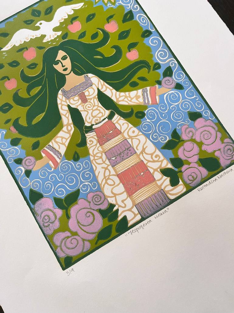 Original Folk Women Printmaking by Kostadina Nacheva