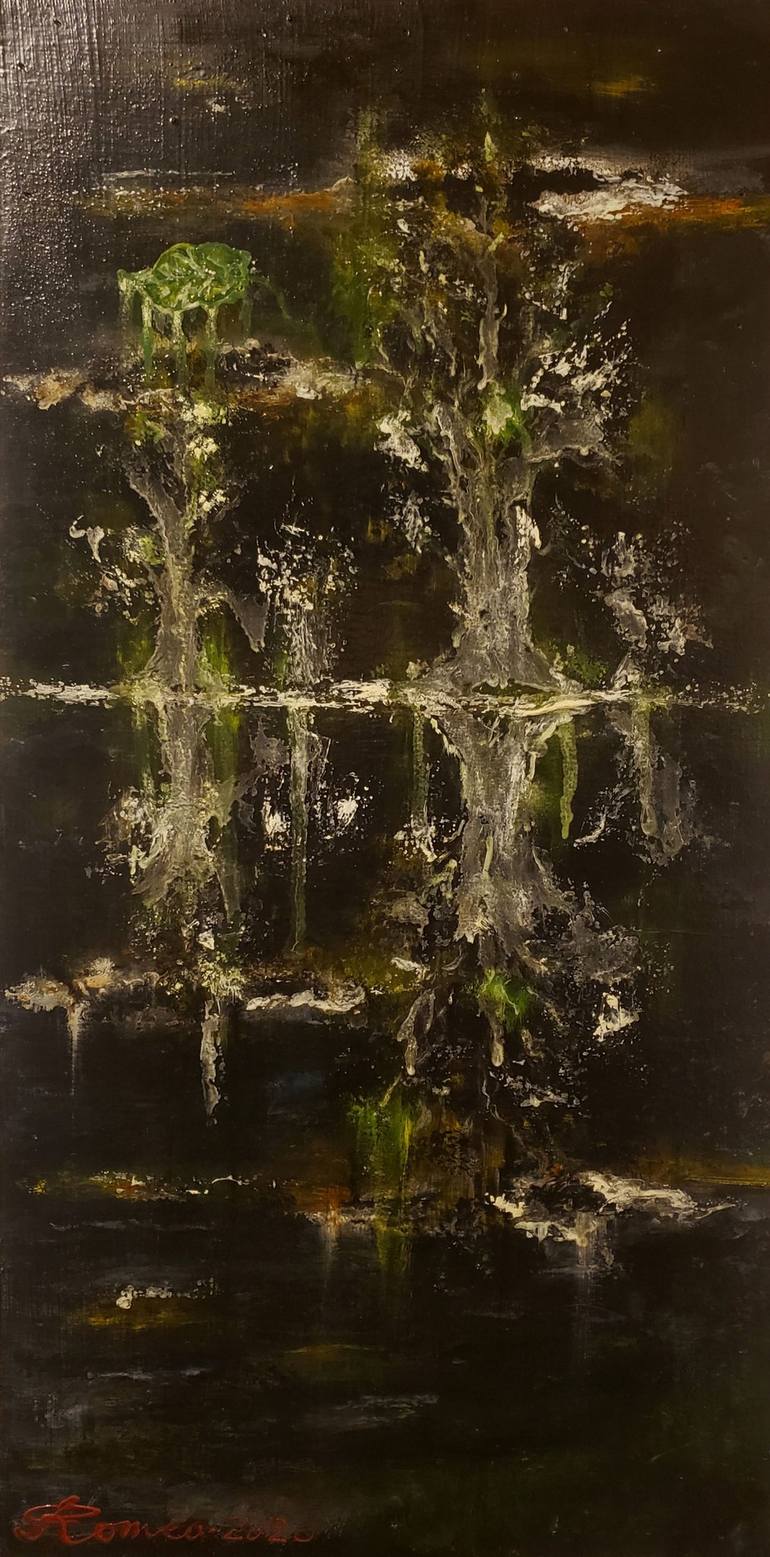 Original Nature Painting by Romeo Dobrota | Contemporary Art on Other | Tears in the night, oil on plywood, 12x24 inch, SKU 3063