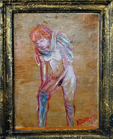 Famme qui tire son bas, oil on canvas, inspired from Lautrec, 11x15.5 inch, SKU 3067 thumb