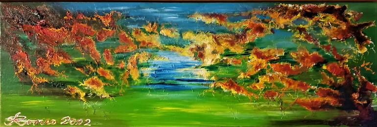 Golden autumn, mixed media,12x36 inch, SKU 1193 Painting by Romeo ...