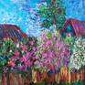 Everything is blossoming hard in May. I walked through village road and enjoyed the weather and flowers. Smell of lilac and different flowers filled the air. Everything was so beautiful. Blossoming trees and bushes hid village houses. It was wonderful day in May and I tried to show its impressions on canvas.