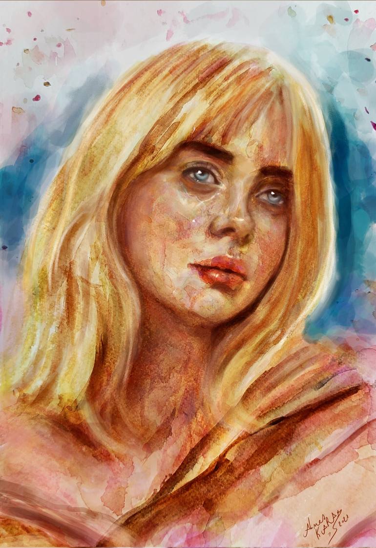 Billie Eilish Mixed Media ( Water Color on Paper Mixed with digital  painting ) 40 x 50 cm on canvas Painting by Ahmed Karam