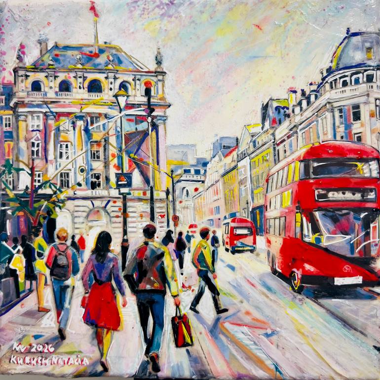 Original Architecture Painting by Natalia Kuruch | Art Deco Art on Canvas | Red bus
