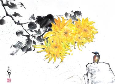 chrysanthemum and bird ink /sumie/brush painting thumb