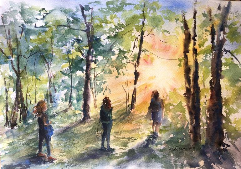 Watercolor summer landscape The Magic of the setting sun Painting