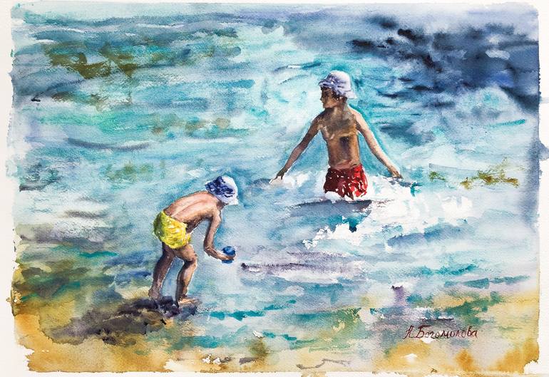 Watercolor Painting Children On The Sea Beach - Original Fine Art Painting By Nadezhda Bogomolova | Saatchi Art