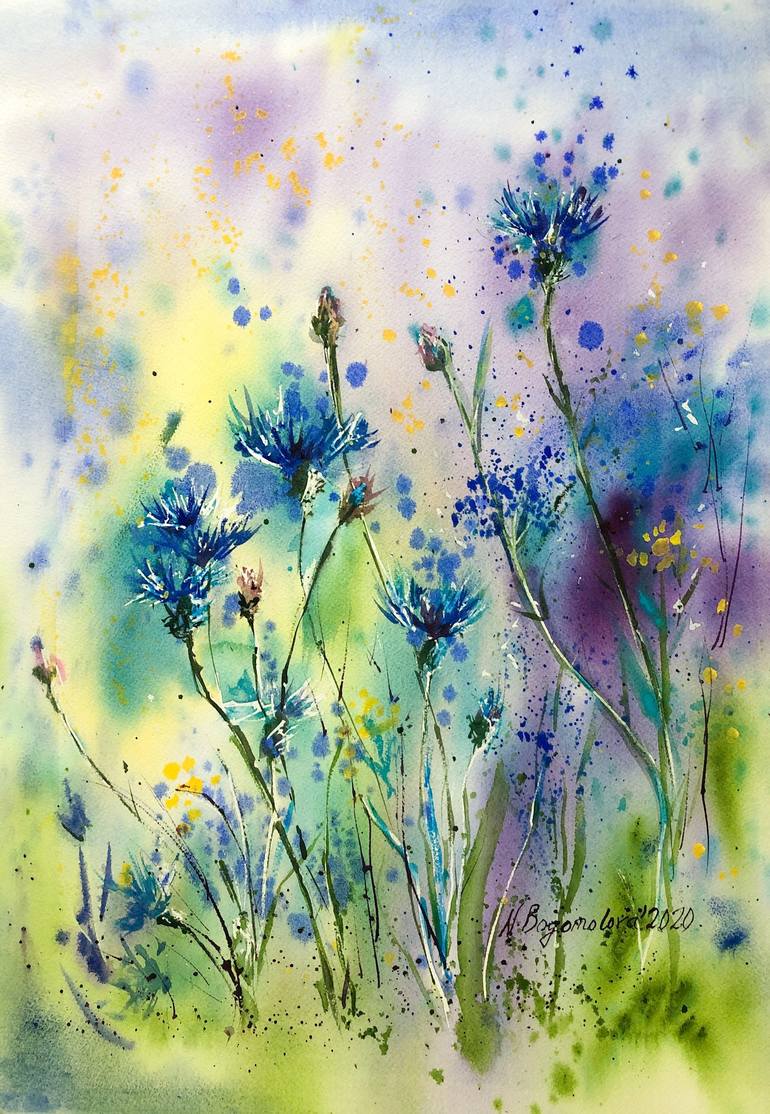 Cornflowers & Daisies Blue Cornflowers Ceramic Mug Fine Art Gift Scottish Landscape Painting White flowers Grassy Landscape