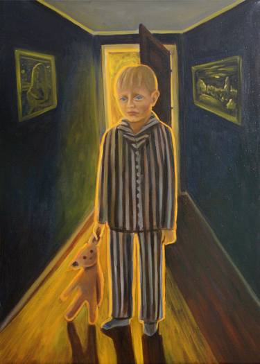 Oil painting  little boy in striped pajamas with a teddy bear in his hand in a dark room a play of light and shadow  atmospheric modern art thumb