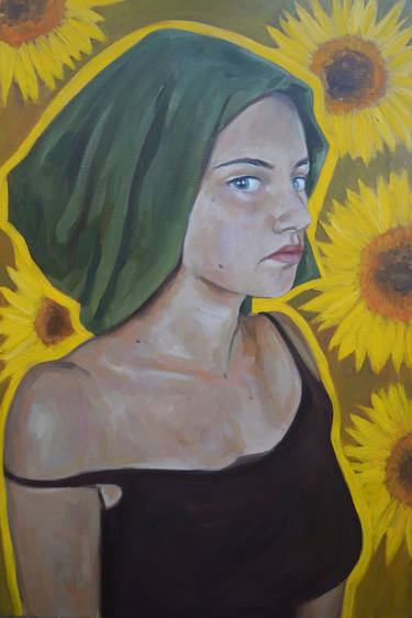 Oil painting on canvas in the living room girl with a cloth on her head sunflowers rural motive young villager green cloth thumb