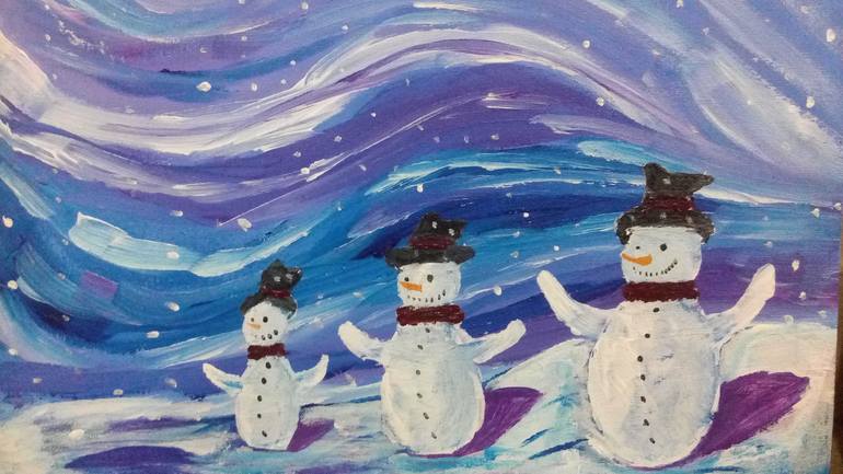 Snowmen In Snowfall Welcoming Winter Season Painting By Rehab Rahim Saatchi Art