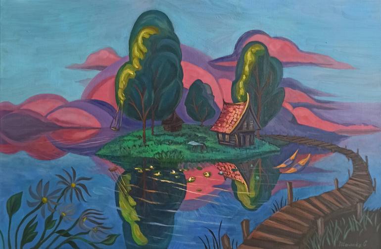 Original Landscape Painting by Shaliko Sagatelyan | Symbolism Art on Canvas | Silence by the lake