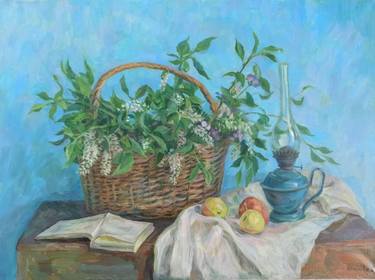 Painting Still life with lilacs and with a lamp and apples. thumb
