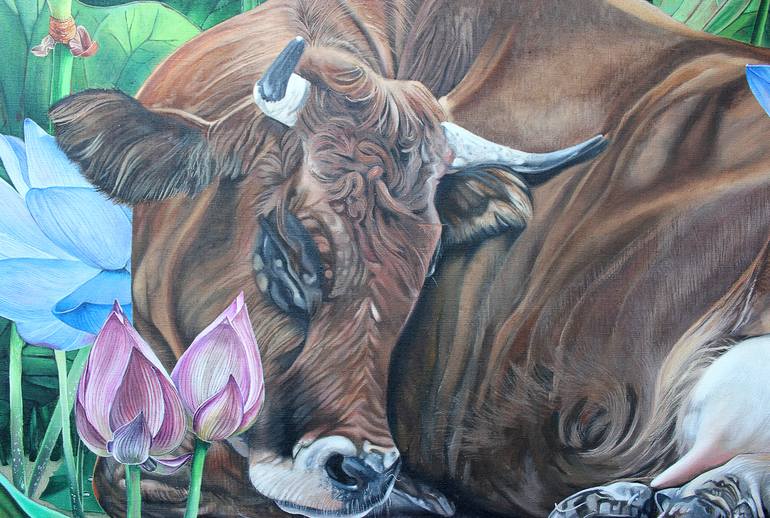 Original Surrealism Cows Painting by Haejin Yoo