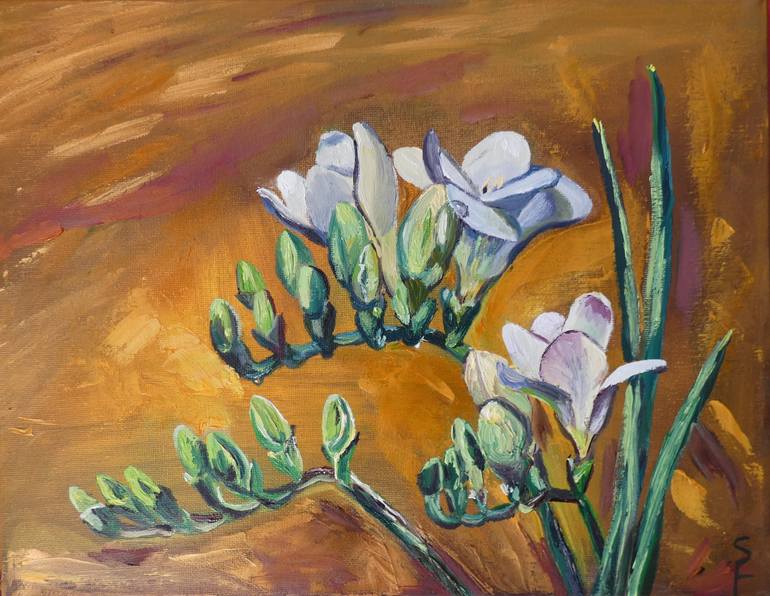 Original Floral Painting by Sofia Gasviani | Minimalism Art on Canvas | White freezia on gold