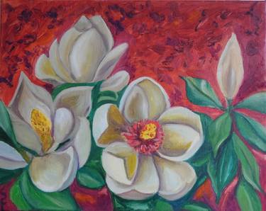 White magnolias on red thumb