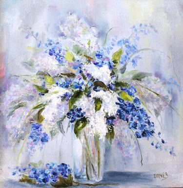 White lilac Still life Oil Painting  Royal Blue Handmade Art Work One of a Kind thumb