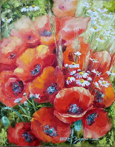 Poppy bouquet Still life Oil Painting Handmade Art Work One of a Kind thumb