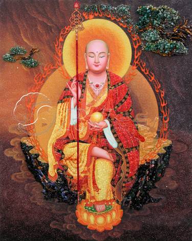 Asian Curio natural gemstone painting Buddha thumb