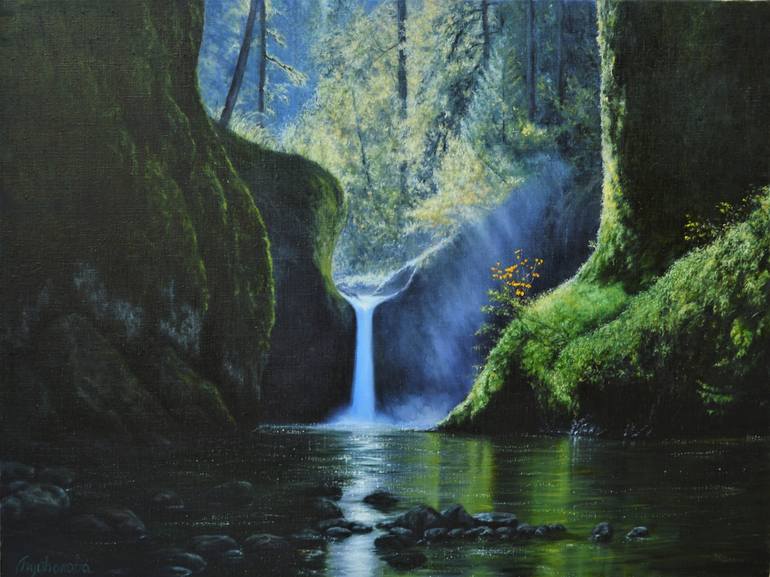 waterfall forest painting