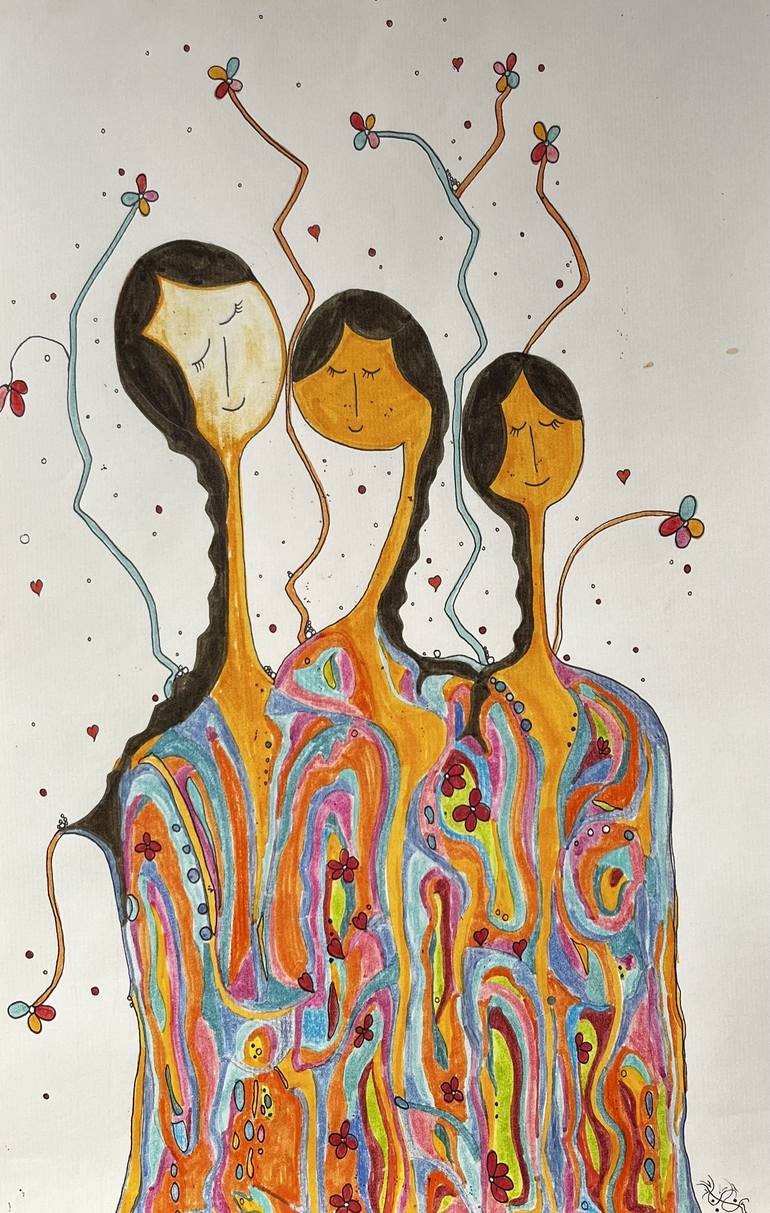 Original Abstract Expressionism Family Mixed Media by Neyla Nachi Bouattour