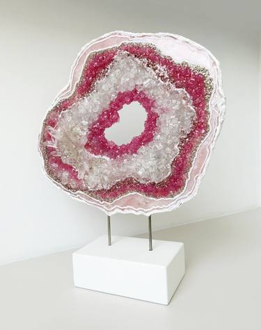 3D Geode Slice Rose Pink & White,  Crystal art, Geode sculpture, thumb