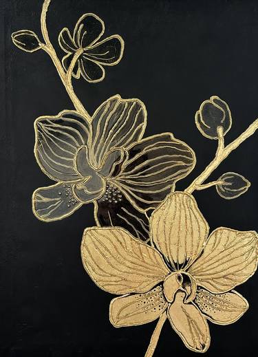 Golden orchids. Painting with Golden Leaf on Stretched Canvas thumb