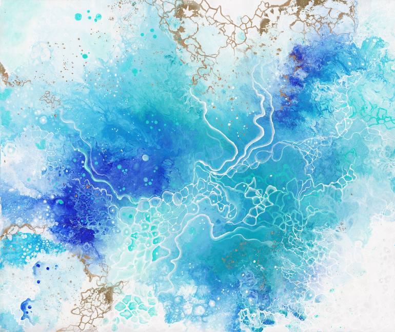 Mixed Media Horizontal Abstract Painting In Teal And Blue By