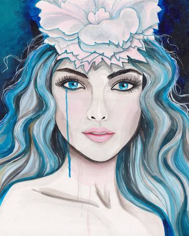 "Lady in blue" acrylic watercolor painting , wall art, interior art, pop art, stylish art ,woman, gift, dream, fashion illustration. thumb