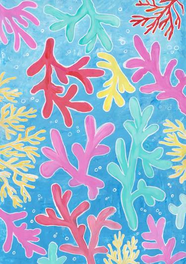 Acrylic painting "Happy Corals 3" inspired by Henri Matisse on paper, wall painting, interior art, interior design. thumb