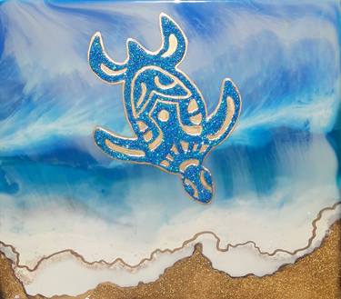 "Homecoming" wall art Resin painting, golden sandy beach, gift idea thumb
