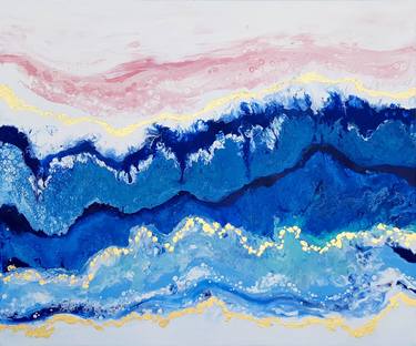 "Blush Lagoon" sea landscape, original acrylic painting, abstract art, office home decor, blue, gold, blush thumb