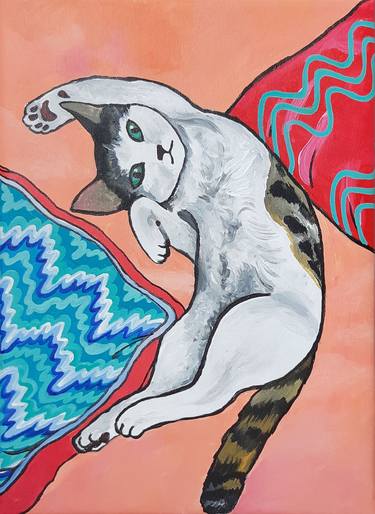 "Cat in bed" Maximalist Modern Matisse-Inspired Original Painting thumb