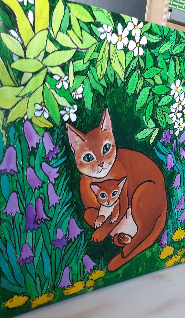 Original Fine Art Cats Painting by Alexandra Dobreikin