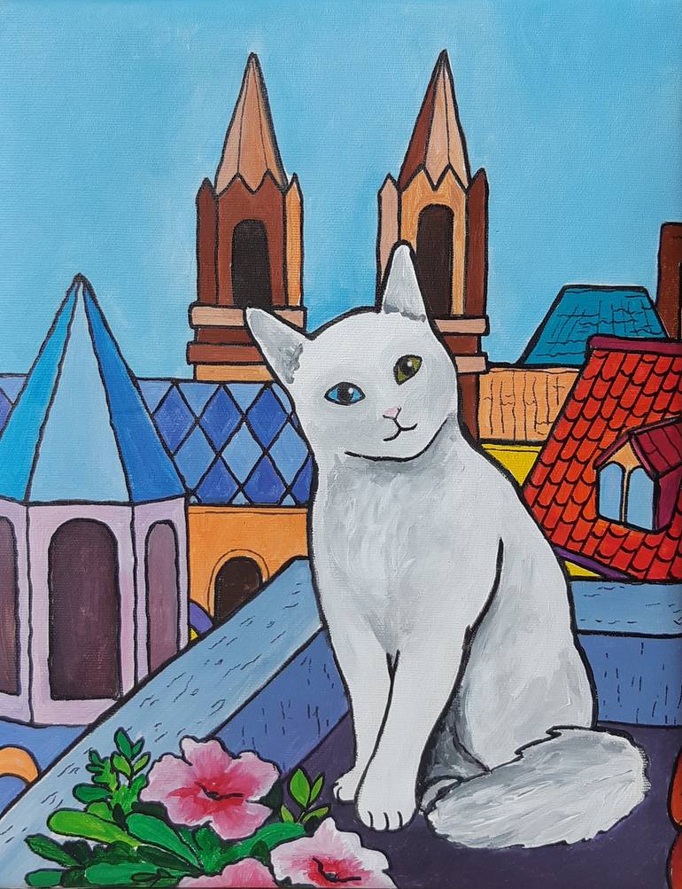 Cat On The Roof Of The House Painting by Alexandra Dobreikin