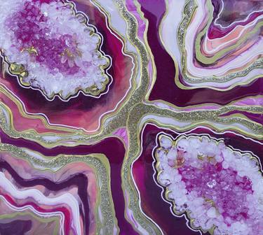 Agate geode wall art.Gold, Magenta, Fuchsia, Resin painting thumb