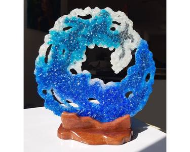 Blue Turquoise glass wave, 3D Crushed glass sculpture thumb