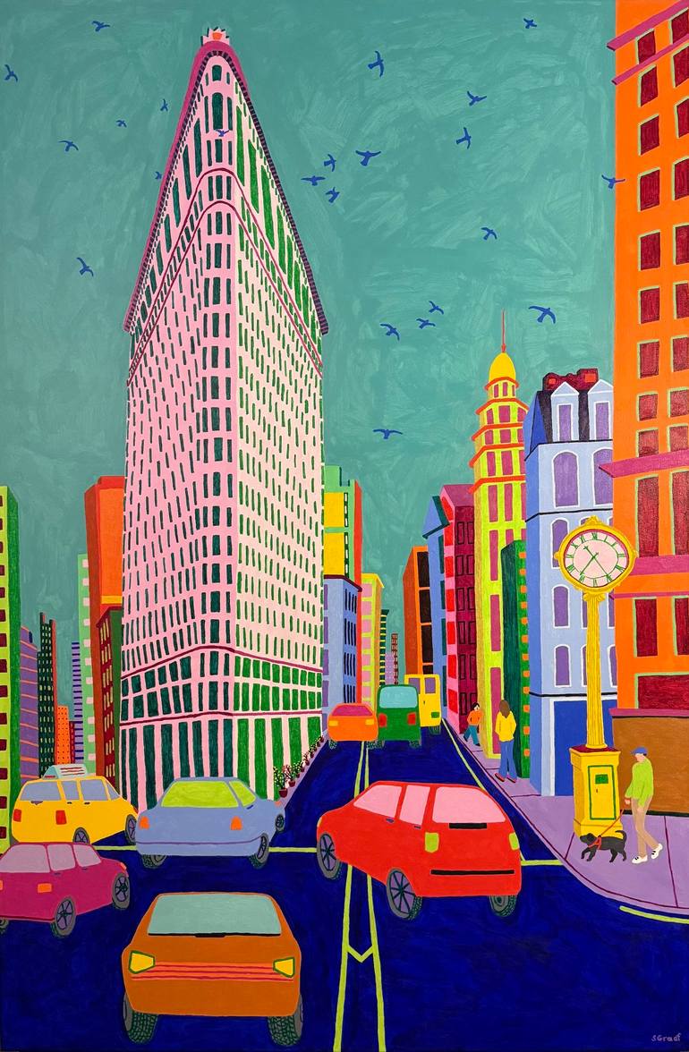 Original Architecture Painting by Sue Graef | Figurative Art on Canvas | Birds Over The Flatiron