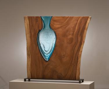 Live Edge Wood with Aqua Colored Hand Blown Vase Scott Slagerman thumb