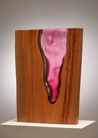 Live Edge Wood with Hand Blown Ruby Glass Vase Sculpture thumb