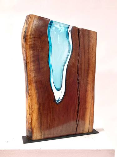 Aqua Blue Glass with Live Edge Walnut Wood thumb