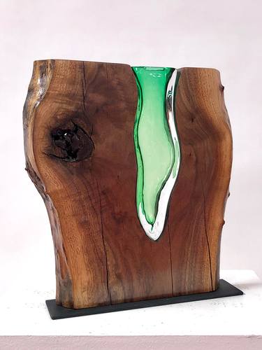Emerald Green Glass with Live Edge Walnut Wood thumb