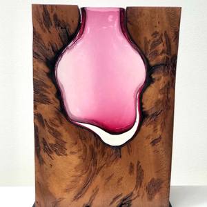 Ruby Glass with Monkey Pod Wood Sculpture by Scott Slagerman