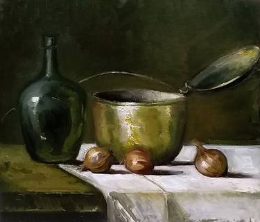 Still life with copper pot and onions thumb