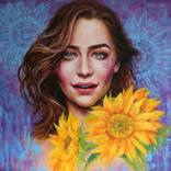 Sunflowers. Portrait of Emilia Clarke. Very Peri color. Oil painting on canvas, original, beautiful woman, girl, beauty, original gift. by Kateryna Kariukova