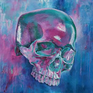 SKULL #1 - oil painting, original gift, pink, blue, green, skull, death, office decor, home interior, wall art, gift thumb