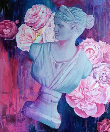 VENUS AND PEONIES oil painting, original gift, pink, blue, venus, roman mythology, erotic art, office decor, home interior, wall art thumb