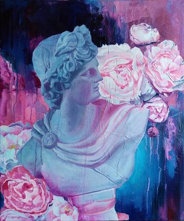APOLLO AND PEONIES oil painting, original gift, pink, blue, venus, roman mythology, erotic art, office decor, home interior, wall art thumb
