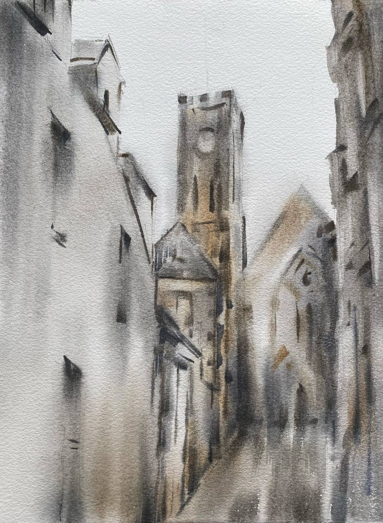 Original Architecture Painting by Galina Poloz | Post-impressionism Art on Paper | A street without voices
