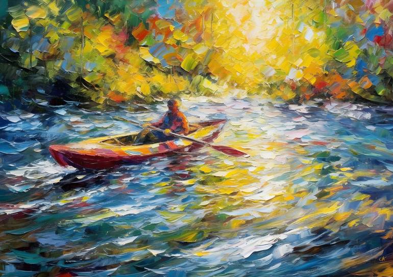 Sunrise Kayak selling - Original Watercolor Painting Impressionist - Landscape - Nature Impressionism